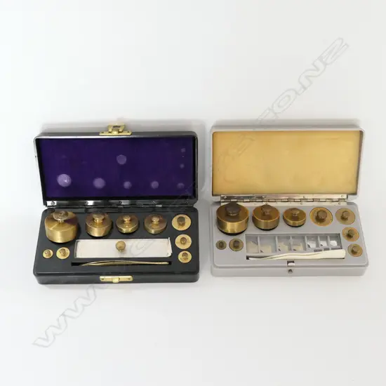 2 SETS OF BRASS CHEMIST'S WEIGHTS IN PLASTIC/BAKELITE BOXES